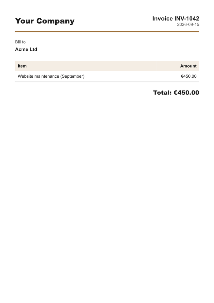 Invoice PDF generated in n8n with the HTML to PDF workflow